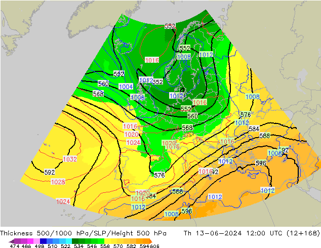 Thck 500-1000hPa UK-Global Čt 13.06.2024 12 UTC