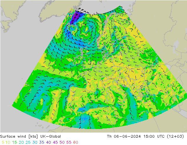 Vento 10 m UK-Global Qui 06.06.2024 15 UTC