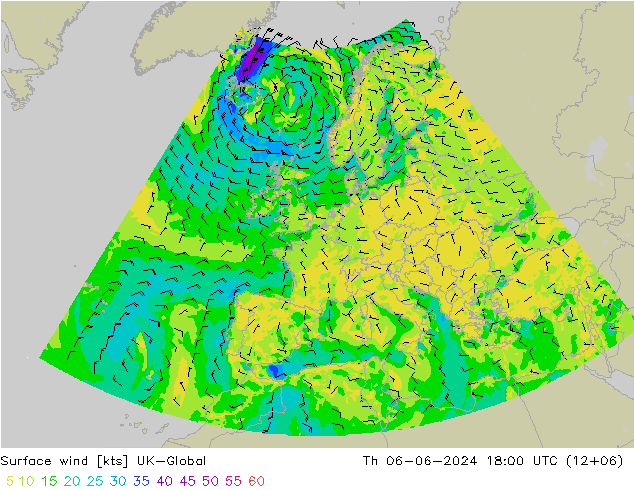 Viento 10 m UK-Global jue 06.06.2024 18 UTC