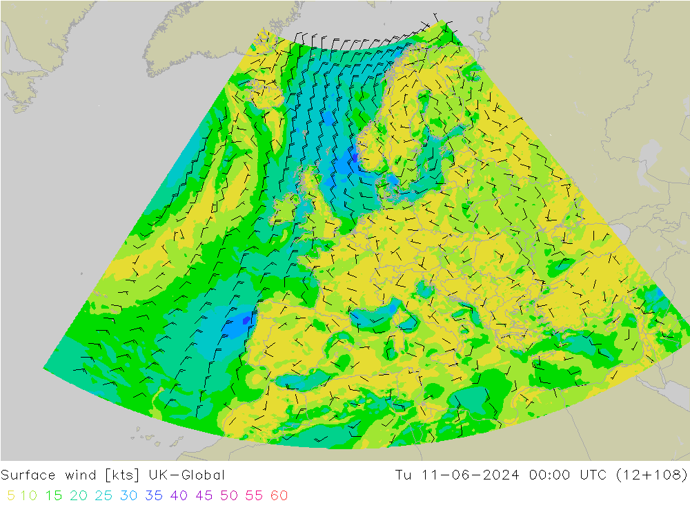 Vento 10 m UK-Global Ter 11.06.2024 00 UTC