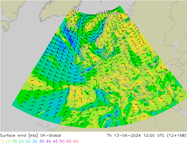 Wind 10 m UK-Global do 13.06.2024 12 UTC