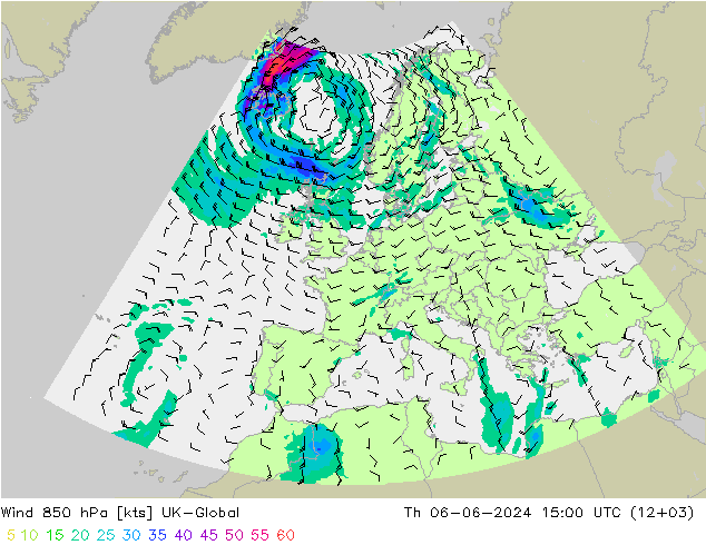 Vento 850 hPa UK-Global Qui 06.06.2024 15 UTC