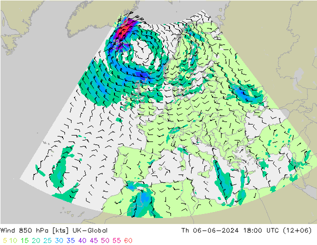 Wind 850 hPa UK-Global Do 06.06.2024 18 UTC