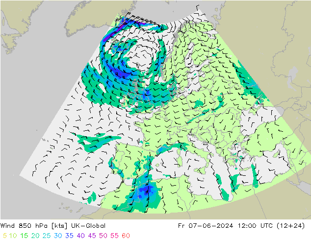 Wind 850 hPa UK-Global vr 07.06.2024 12 UTC