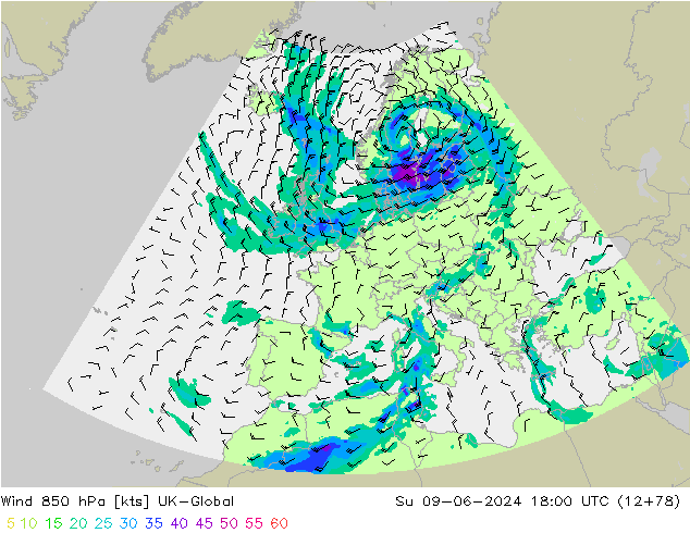 Wind 850 hPa UK-Global Su 09.06.2024 18 UTC