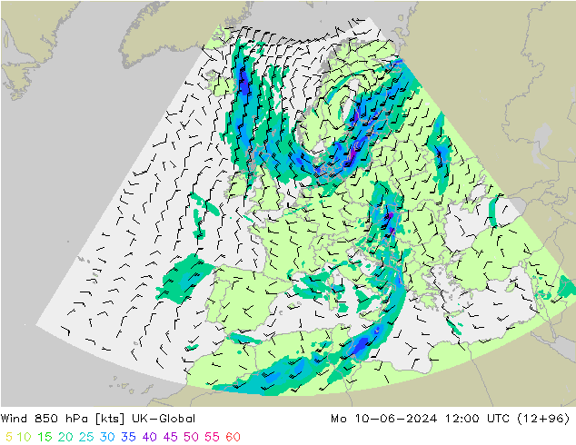 Wind 850 hPa UK-Global Mo 10.06.2024 12 UTC