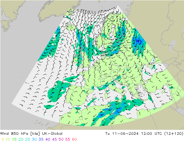 Wind 850 hPa UK-Global Tu 11.06.2024 12 UTC