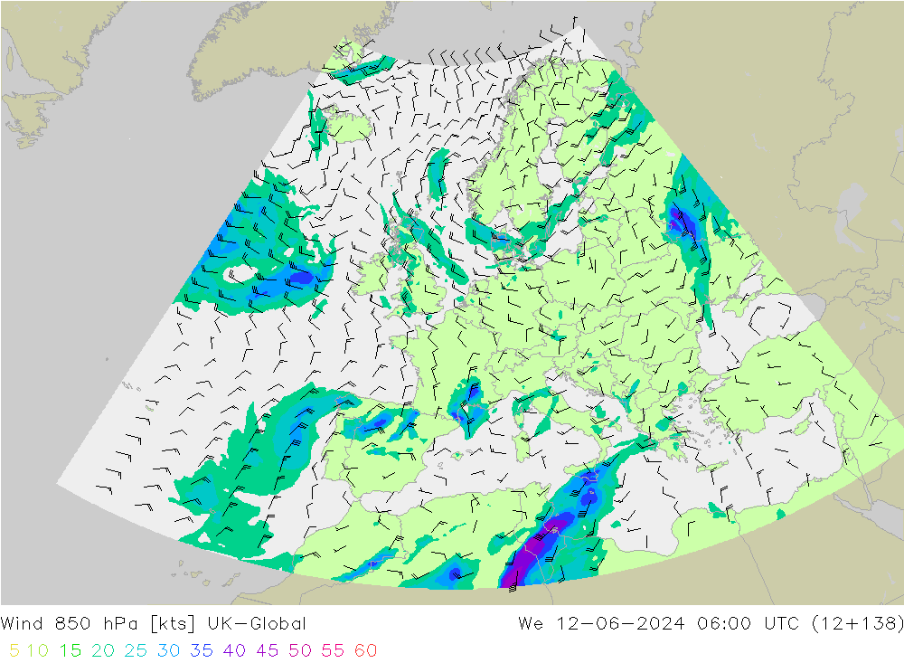 Wind 850 hPa UK-Global Mi 12.06.2024 06 UTC