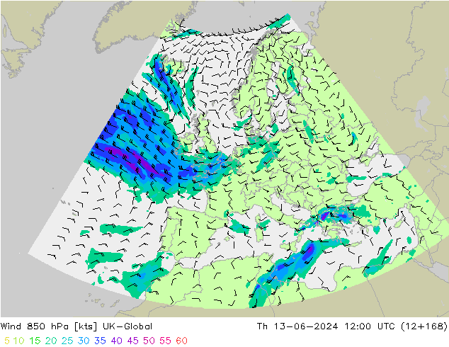 Wind 850 hPa UK-Global Do 13.06.2024 12 UTC