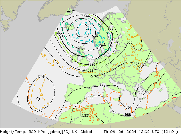 Height/Temp. 500 hPa UK-Global Th 06.06.2024 13 UTC