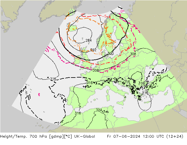 Height/Temp. 700 hPa UK-Global Fr 07.06.2024 12 UTC