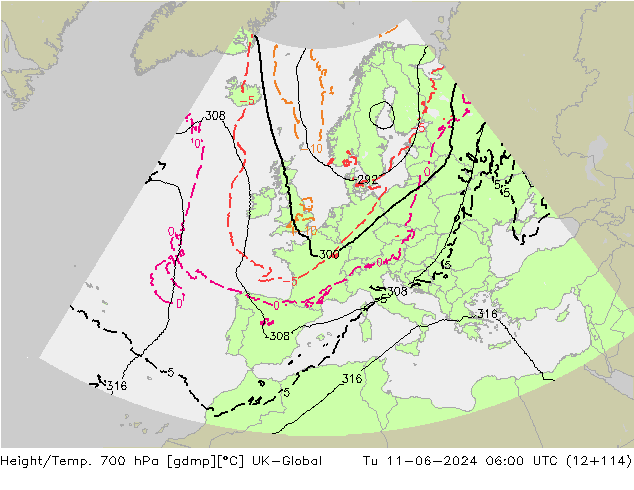 Yükseklik/Sıc. 700 hPa UK-Global Sa 11.06.2024 06 UTC