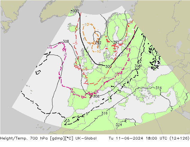 Height/Temp. 700 hPa UK-Global Tu 11.06.2024 18 UTC