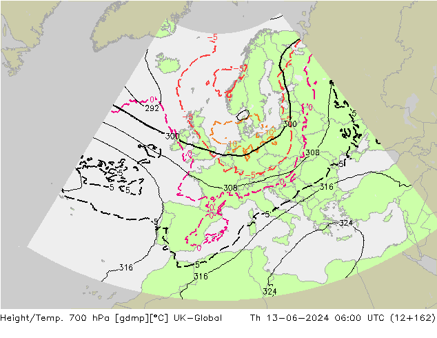Height/Temp. 700 hPa UK-Global gio 13.06.2024 06 UTC