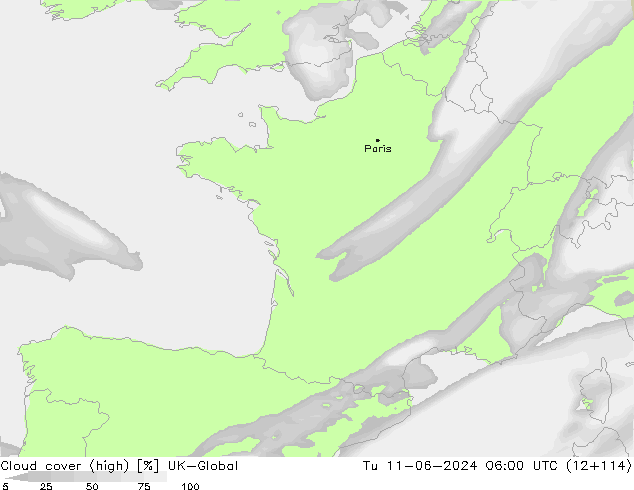 Cloud cover (high) UK-Global Tu 11.06.2024 06 UTC