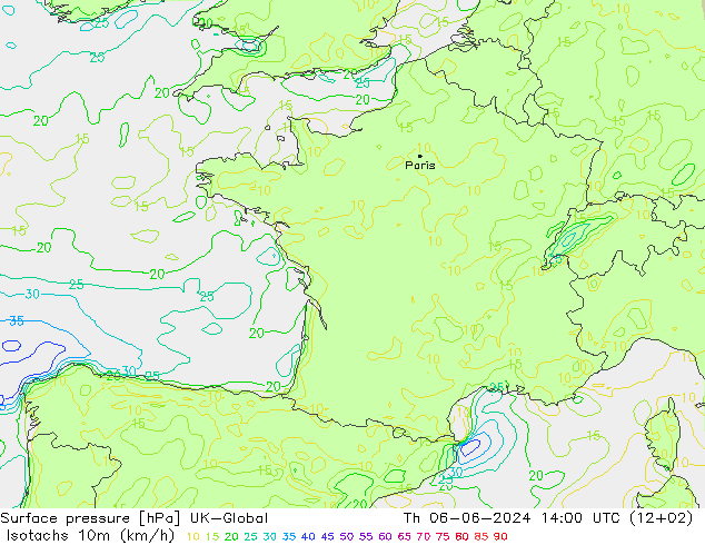 Isotachs (kph) UK-Global Th 06.06.2024 14 UTC