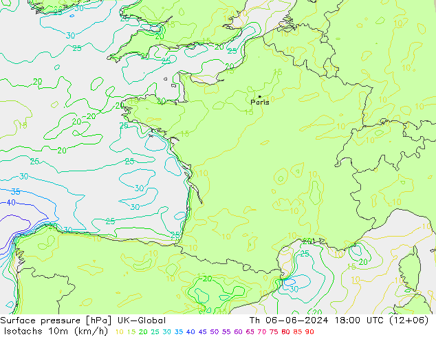 Isotachs (kph) UK-Global Th 06.06.2024 18 UTC