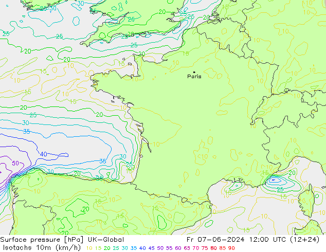 Isotachen (km/h) UK-Global Fr 07.06.2024 12 UTC