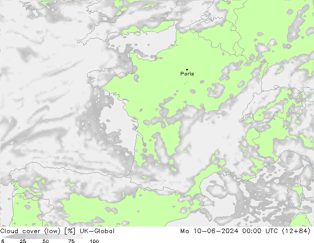 Cloud cover (low) UK-Global Mo 10.06.2024 00 UTC