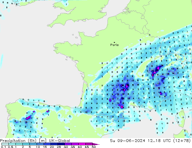 Yağış (6h) UK-Global Paz 09.06.2024 18 UTC