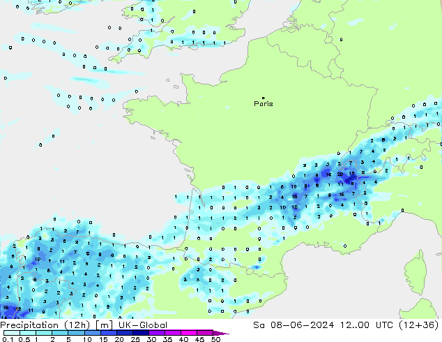 Précipitation (12h) UK-Global sam 08.06.2024 00 UTC