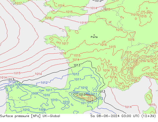 Pressione al suolo UK-Global sab 08.06.2024 03 UTC