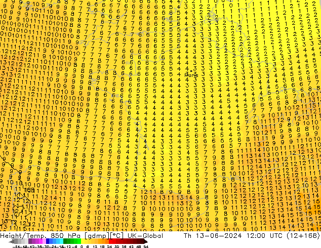 Height/Temp. 850 hPa UK-Global Qui 13.06.2024 12 UTC