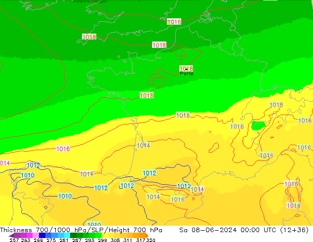 Thck 700-1000 hPa UK-Global sab 08.06.2024 00 UTC