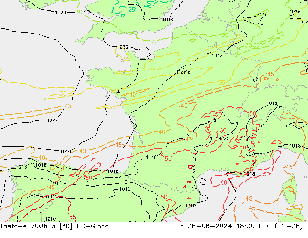 Theta-e 700hPa UK-Global Qui 06.06.2024 18 UTC