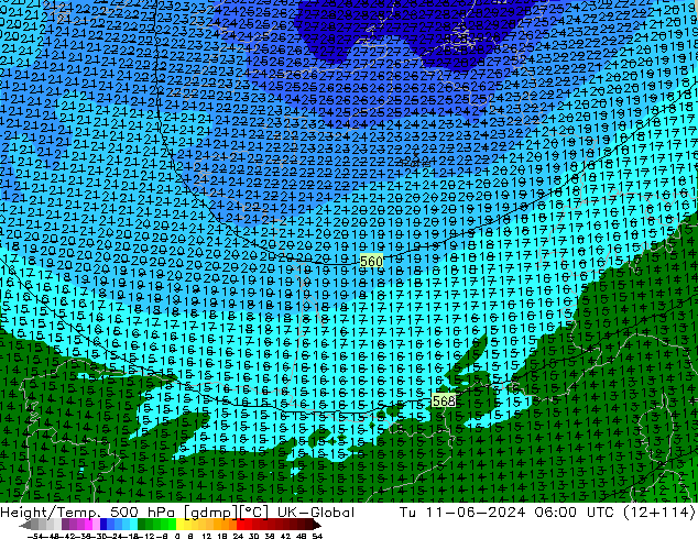 Height/Temp. 500 hPa UK-Global Tu 11.06.2024 06 UTC