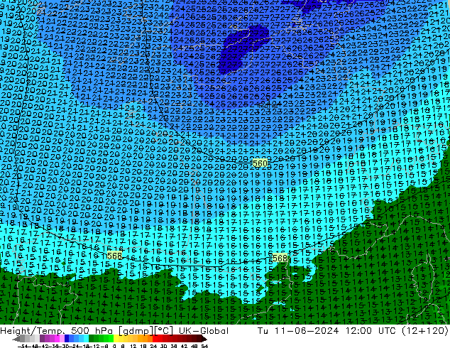 Geop./Temp. 500 hPa UK-Global mar 11.06.2024 12 UTC