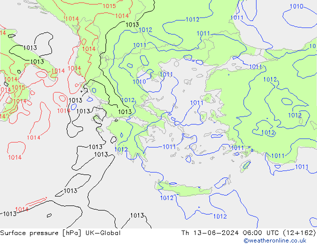 Pressione al suolo UK-Global gio 13.06.2024 06 UTC