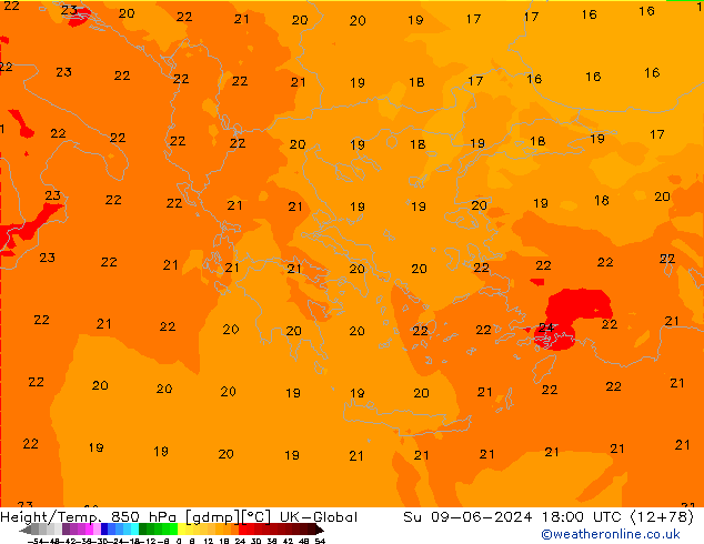 Height/Temp. 850 hPa UK-Global  09.06.2024 18 UTC