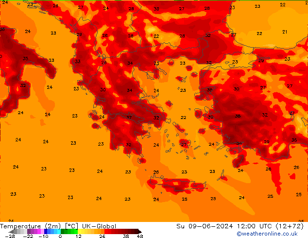 Temperature (2m) UK-Global Su 09.06.2024 12 UTC