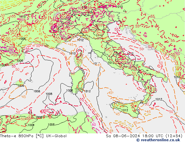 Theta-e 850hPa UK-Global Sáb 08.06.2024 18 UTC