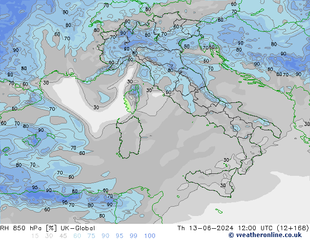 RH 850 hPa UK-Global czw. 13.06.2024 12 UTC