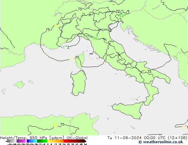 Height/Temp. 950 hPa UK-Global Tu 11.06.2024 00 UTC