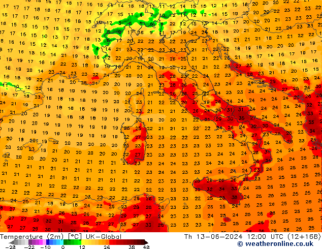 Temperaturkarte (2m) UK-Global Do 13.06.2024 12 UTC