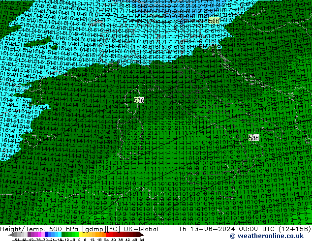 Height/Temp. 500 hPa UK-Global Th 13.06.2024 00 UTC