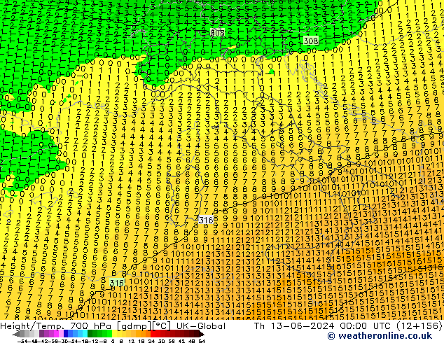 Height/Temp. 700 hPa UK-Global Do 13.06.2024 00 UTC
