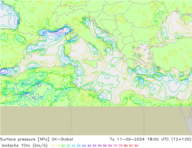 Isotachen (km/h) UK-Global Di 11.06.2024 18 UTC