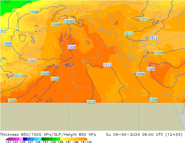 Espesor 850-1000 hPa UK-Global dom 09.06.2024 06 UTC