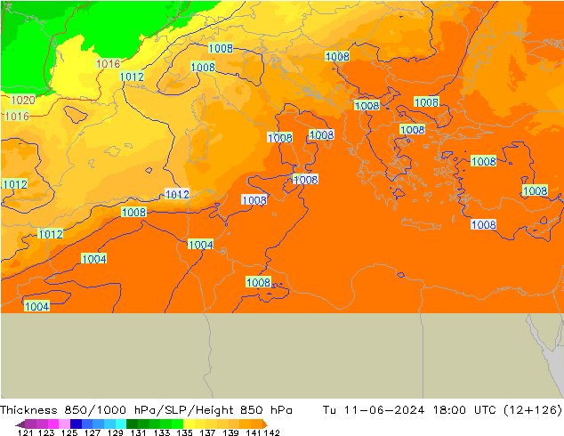 Thck 850-1000 гПа UK-Global вт 11.06.2024 18 UTC