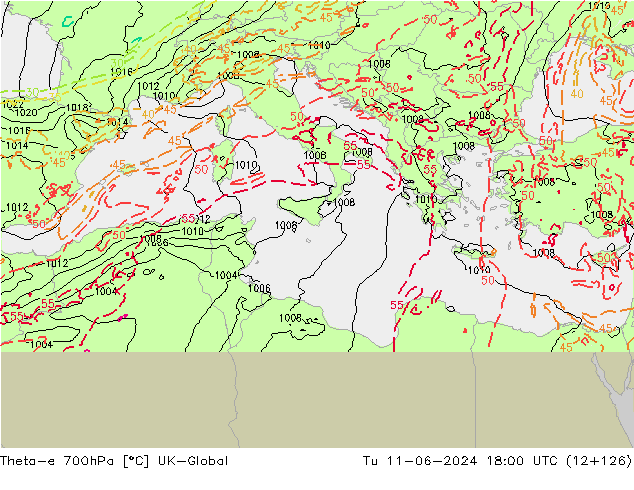 Theta-e 700hPa UK-Global Tu 11.06.2024 18 UTC