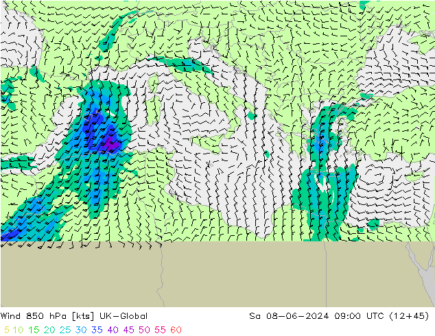 Wind 850 hPa UK-Global So 08.06.2024 09 UTC