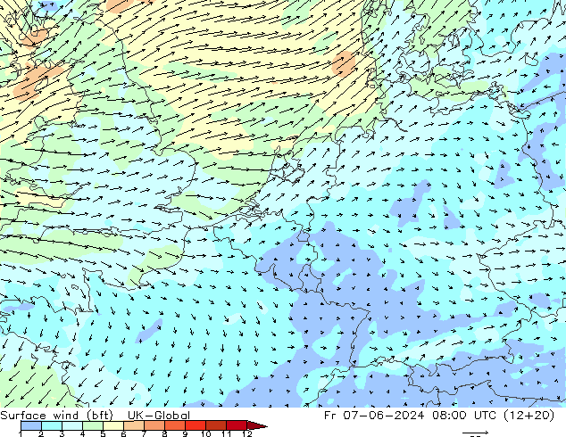 Surface wind (bft) UK-Global Fr 07.06.2024 08 UTC