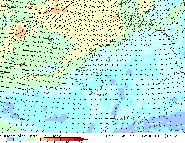 Viento 10 m (bft) UK-Global vie 07.06.2024 12 UTC