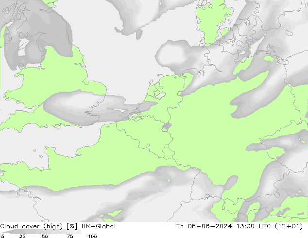 Cloud cover (high) UK-Global Th 06.06.2024 13 UTC