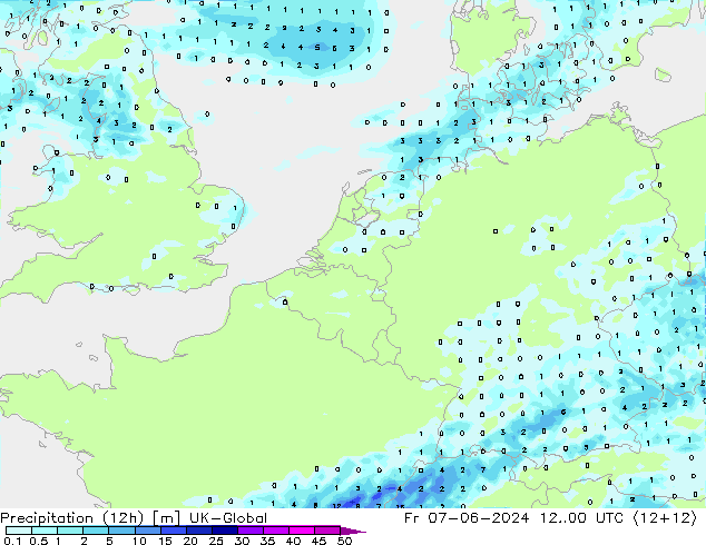 Precipitation (12h) UK-Global Fr 07.06.2024 00 UTC