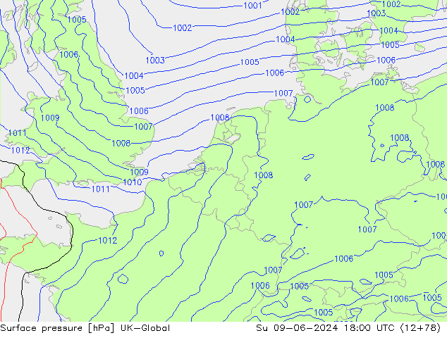 Atmosférický tlak UK-Global Ne 09.06.2024 18 UTC